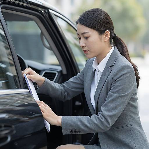 Asian woman in gray business suit and white shirt, with black hair in a ponytail, opening car door, holding papers. Photographic image.