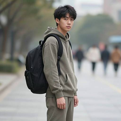 Photograph of a young Asian man with short black hair, wearing a gray hoodie and olive pants, carrying a black backpack, standing on a wet,