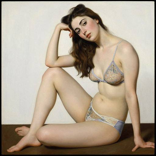 Photograph of a fair-skinned woman with long brown hair, wearing a delicate lace bra and panties, sitting on a wooden floor against a white background