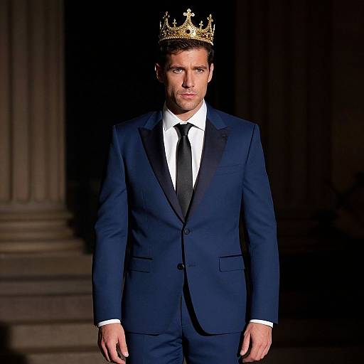 Photograph of a handsome man in a dark blue suit with a black tie, white shirt, and gold crown, standing in a dimly lit,