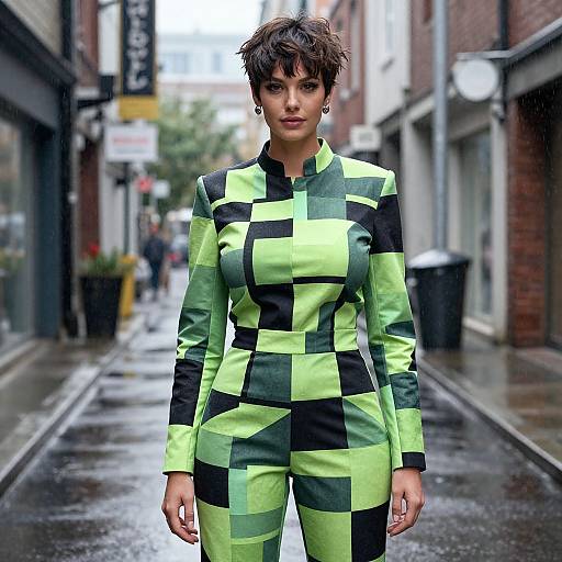 Photograph of a short-haired woman in a neon green and black checker-patterned suit standing in a wet, urban alleyway.
