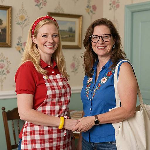 Two Women Smiling and Holding Hands Indoors