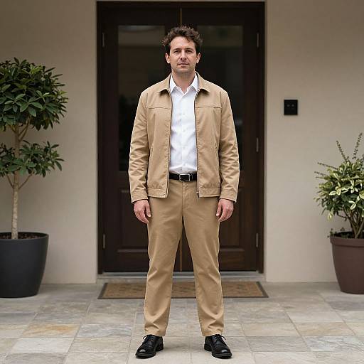 Photograph of a middle-aged man with short dark hair, wearing a beige jacket, white shirt, tan pants, black belt, and black shoes,