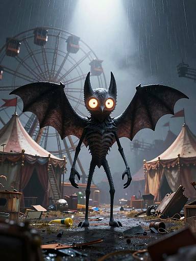 Spooky Stylized Bat in Ruined Carnival