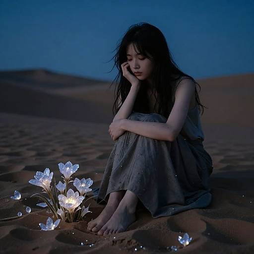 Photograph of a pensive, long-haired woman in a gray dress, sitting on desert sand at night, illuminated by glowing white flowers.
