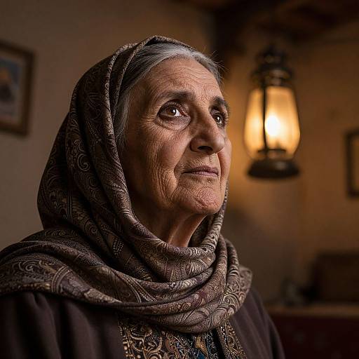 Photograph of an elderly woman with gray hair, wearing a patterned headscarf and dark traditional dress, gazing upward in a warmly lit,