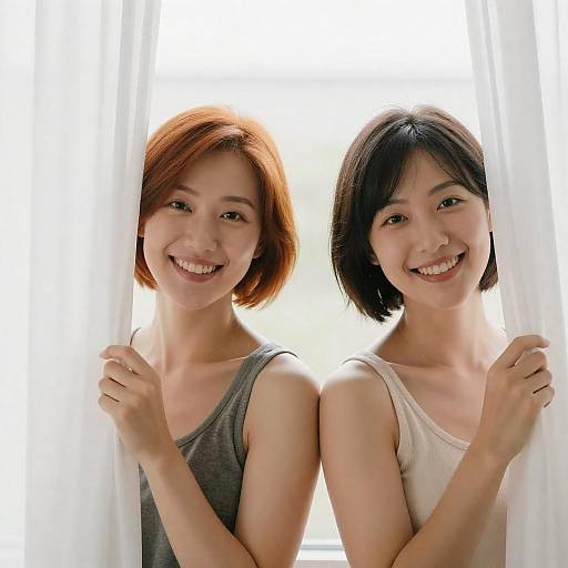 Portrait of Two Smiling Women with Curtains