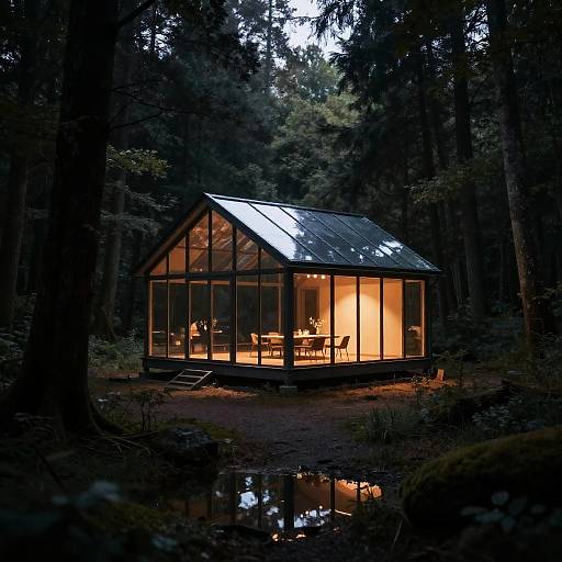 Glass Cabin in Forest at Night