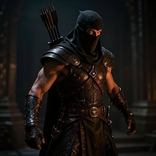 Photorealistic CGI of a muscular, armored archer in black hood and leather armor, with quiver of arrows on back, standing in dimly