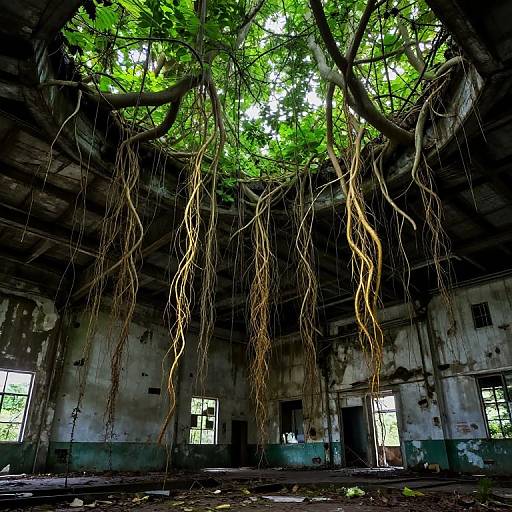 Photograph of an abandoned, dilapidated building with large, hanging tree roots from the ceiling, sunlight filtering through green leaves, and broken windows on