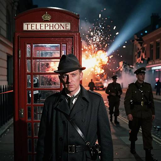 Photograph of a stern-faced, hat-wearing, black-coated police officer in front of a red telephone booth, amidst a chaotic street scene with