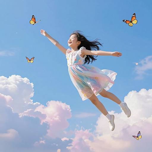 Girl Soaring Amidst Butterflies and Clouds