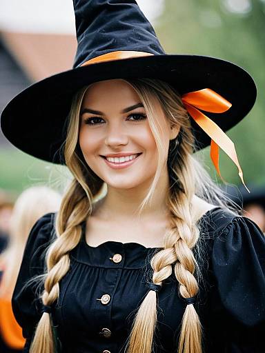 Smiling Woman in Witch Costume with Braided Blonde Hair