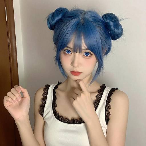 Young Woman with Blue Double-Bun Hair