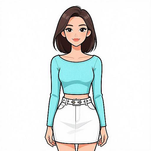 Digital drawing of a cute young woman with straight black hair, wearing a light blue long-sleeve crop top and white high-waisted skirt,