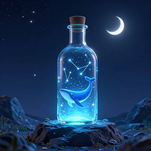 Photograph of a glowing blue glass bottle containing a bioluminescent whale and star constellation, under a night sky with a crescent moon.