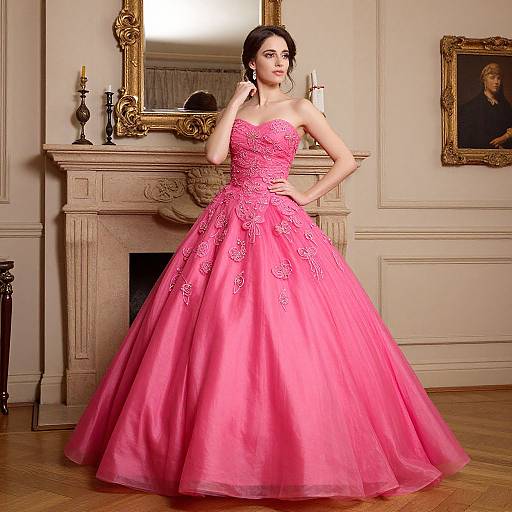 Photograph of a dark-haired woman in a strapless, pink, floral-embellished ball gown, standing in an elegant, classic living room
