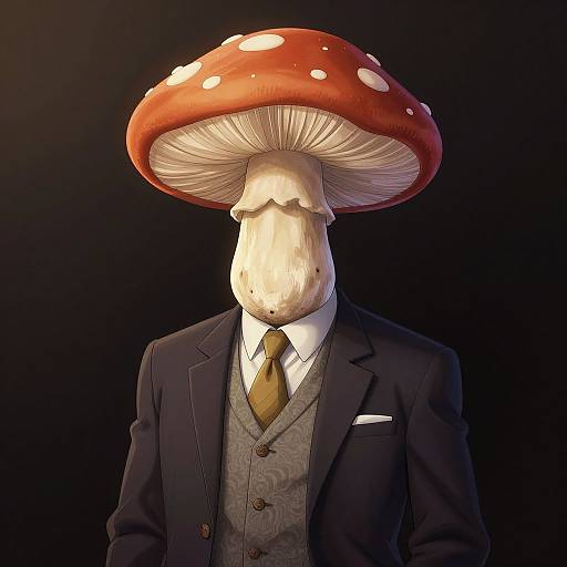 Photorealistic digital artwork of a humanoid figure with a large red mushroom head, wearing a dark suit, white shirt, and gold tie, against a