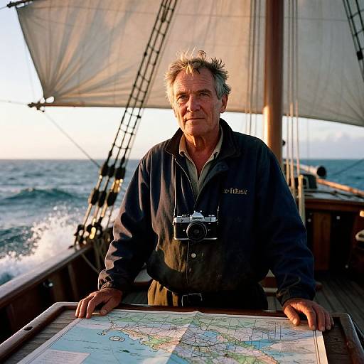 Photograph of an older man with gray hair, wearing a black jacket, standing on a sailboat, holding a map, with ocean waves and sails