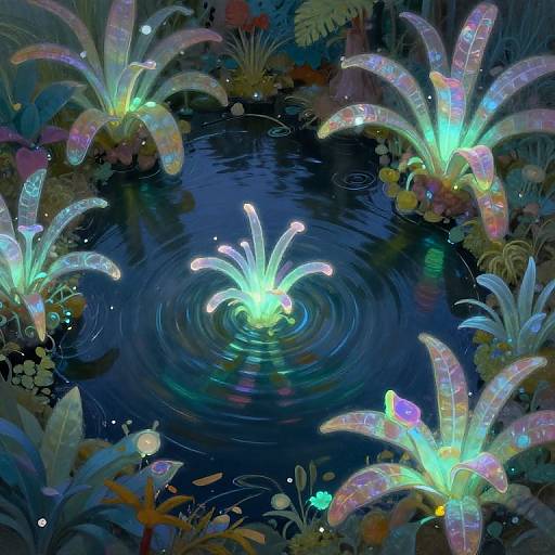 Digital artwork of glowing, iridescent flowers surrounding a radiant, luminescent bloom rising from a dark, rippling pond at night.