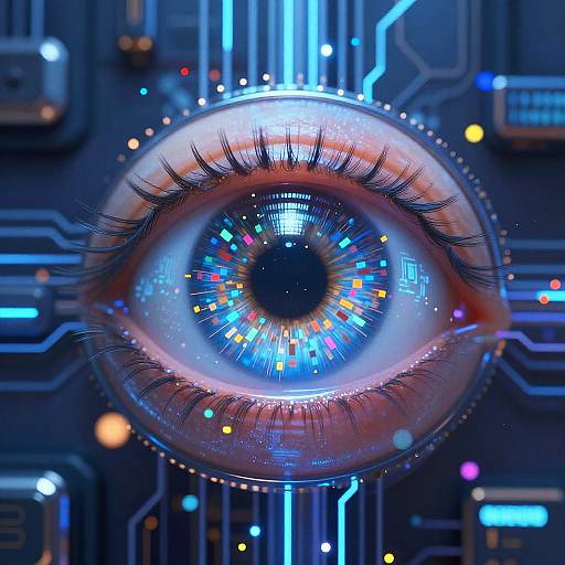 Digital artwork of a glowing, cybernetic eye with multicolored iris on a dark, circuit board background with blue neon lines.