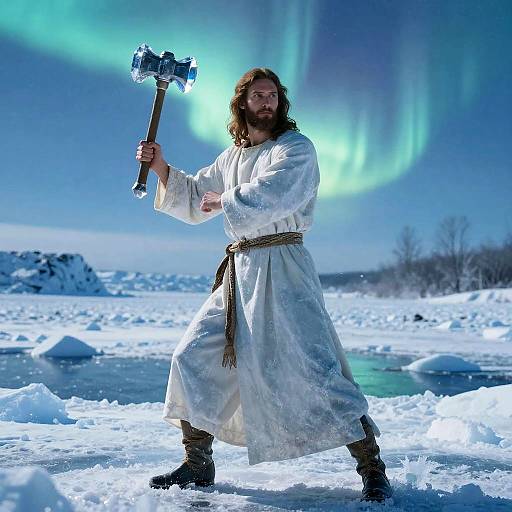 Bearded man in white robe and leather boots holds hammer, standing on snowy landscape with green aurora borealis in the night sky. Photorealistic