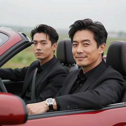 Two Men in Red Convertible Car