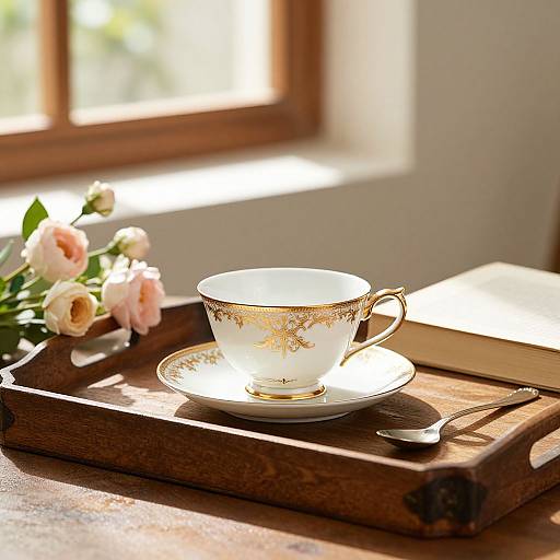 Photograph of a delicate, gold-embossed teacup on a saucer, placed on a rustic wooden tray with a silver spoon, and