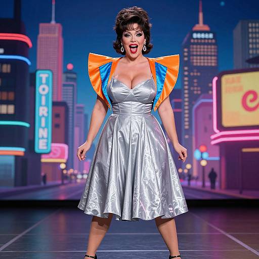Photograph of a curvy woman with dark hair, wearing a shiny silver dress with orange and blue shoulder accents, standing in a neon-lit city