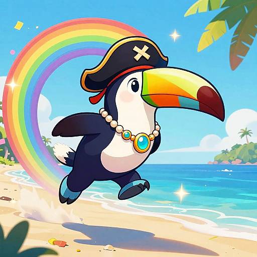 Cartoon toucan pirate with black and white feathers, colorful beak, pirate hat, and necklace runs on sunny beach with rainbow. Vibrant,