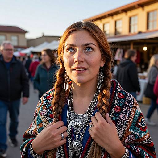 Photograph of a young woman with braided brown hair, wearing a colorful patterned shawl and intricate jewelry, smiling outdoors in a bustling market at
