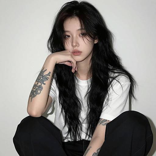 Photograph of an Asian woman with long black hair, wearing a white t-shirt and black pants, sitting with legs crossed, resting chin on hand,