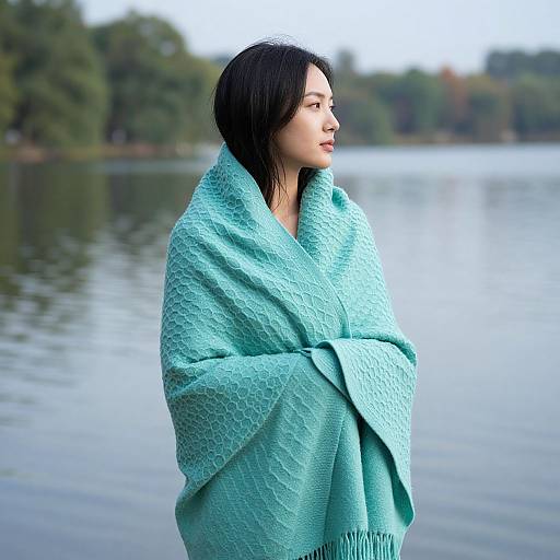 Photograph of an Asian woman with shoulder-length black hair, wearing a textured, turquoise shawl, standing by a calm lake with a blurred forest background