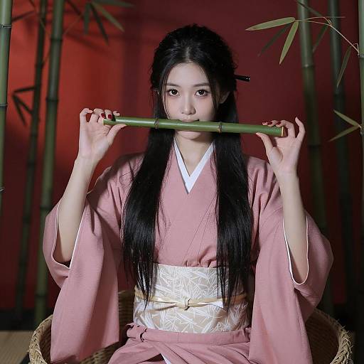 Elegant Asian Woman in Dim Bamboo Setting