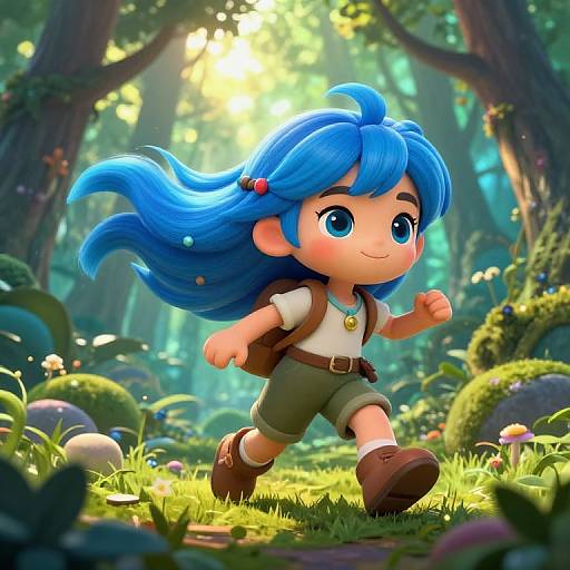 Chibi-style digital art of a blue-haired child with large eyes, wearing green shorts, brown shoes, and a backpack, running through a sunlit