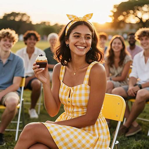 Smiling Woman Enjoying Sunny Outdoor Gathering