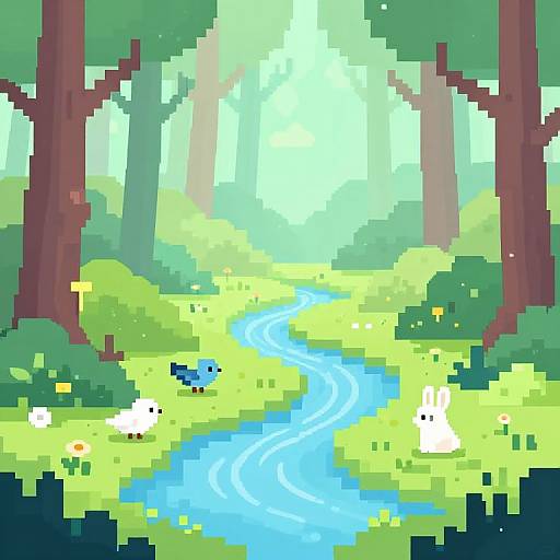 Pixel art of a sunlit forest with a winding blue stream, featuring three cute, white, pixelated rabbits, and a blue bird, surrounded by