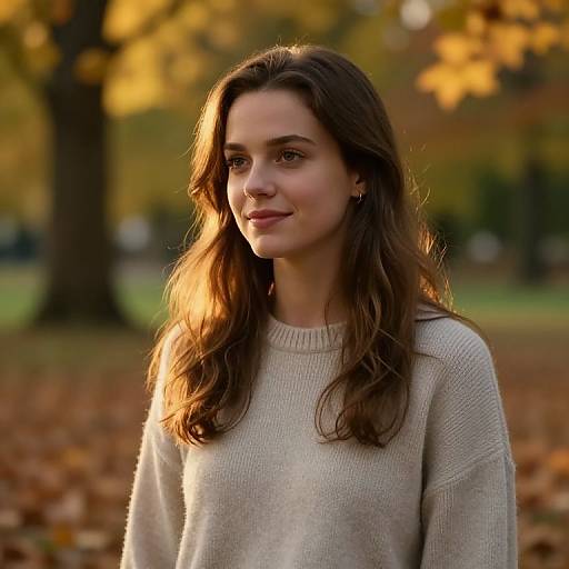 Photograph of a young woman with long brown hair, wearing a light beige sweater, standing in a sunlit autumn park with blurred yellow and orange leaves