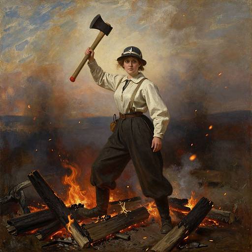 Historical painting of a young boy in white shirt and black pants, holding an axe over a burning woodpile, with fiery background and dramatic sky.