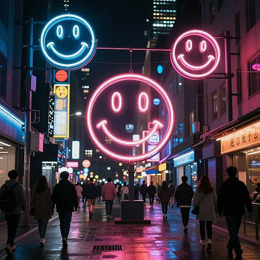 Neon Happiness Symbols in Cyberpunk City