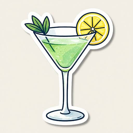 Digital drawing of a green martini with a lemon slice and mint leaf, in a classic martini glass, outlined in black.