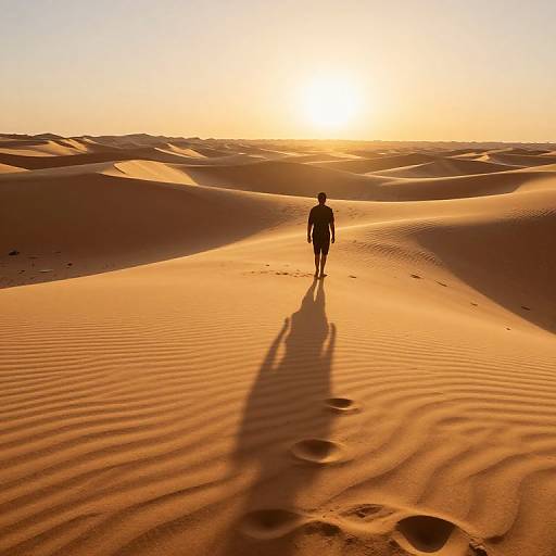 Silhouetted figure walking alone in golden desert sand dunes during sunset, casting long shadow with ripples and footprints. Photograph.