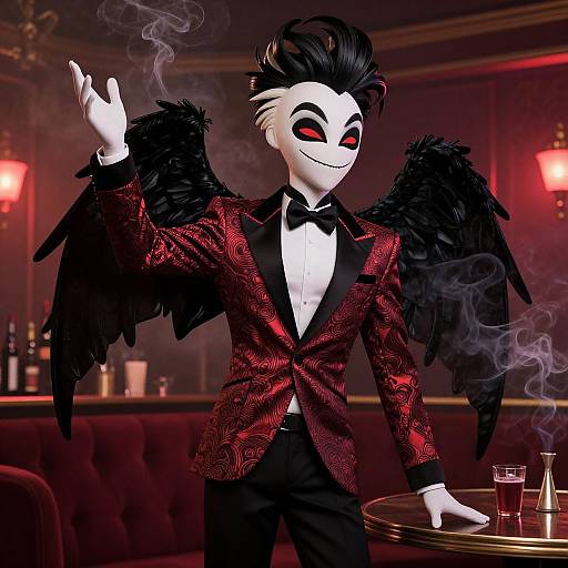 CGI image of a white-masked, black-winged character in a red, patterned tuxedo, waving, with smoky effects and