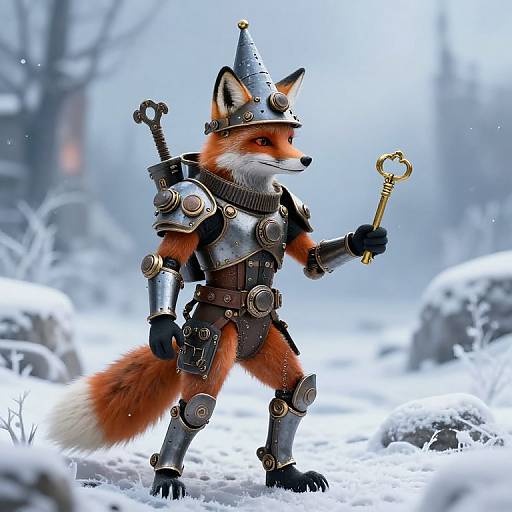 Digital artwork of an armored anthropomorphic fox holding a golden key, standing in a snowy forest, wearing a medieval-style helmet.