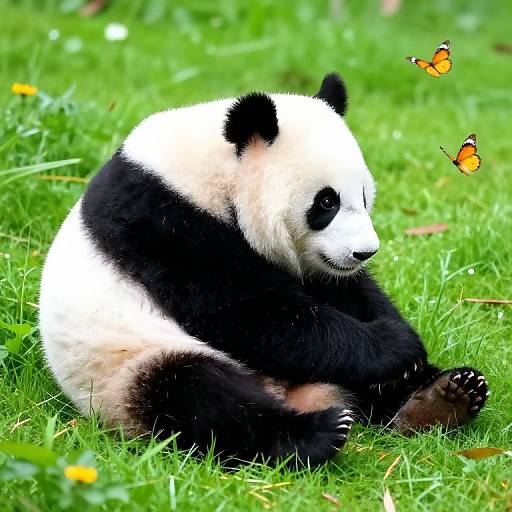 Photograph of a panda bear sitting on vibrant green grass, looking to the side, with two orange butterflies hovering nearby.