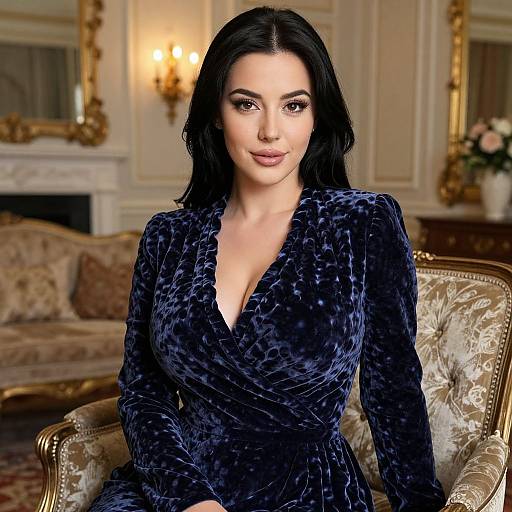 Photorealistic digital portrait of a beautiful woman with black hair, wearing a deep blue velvet dress, sitting in an elegant, ornately decorated living room