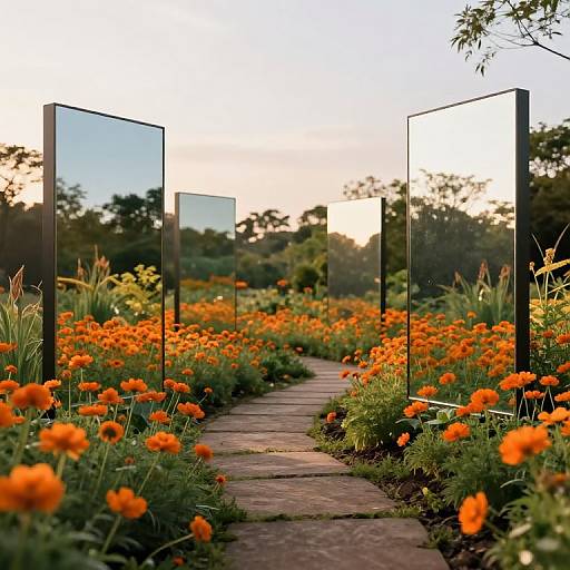 Surreal Garden with Reflective Mirrors