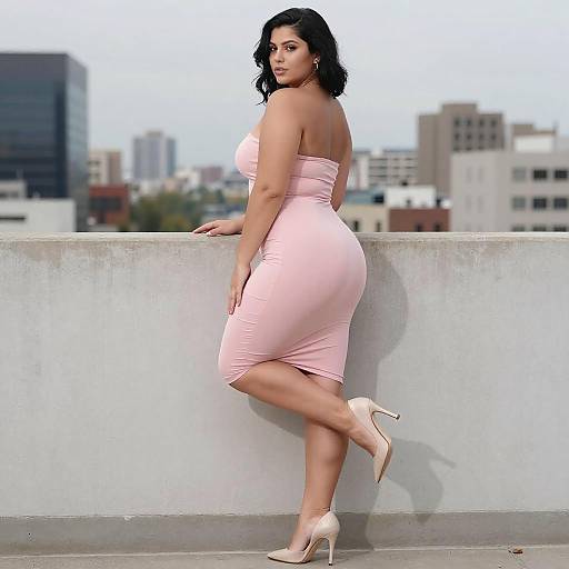 Confident Curvy Woman in Pink Dress