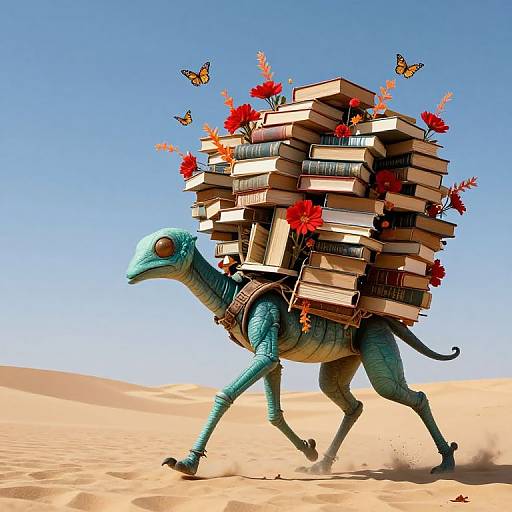 Digital art: Blue, scaly, dinosaur-like creature with a massive stack of books and red flowers on its back, walking through a sunny desert with
