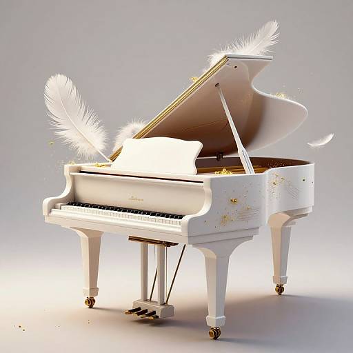 Photograph of a white grand piano adorned with glowing white feathers, open lid, and gold floral patterns, against a gray background.
